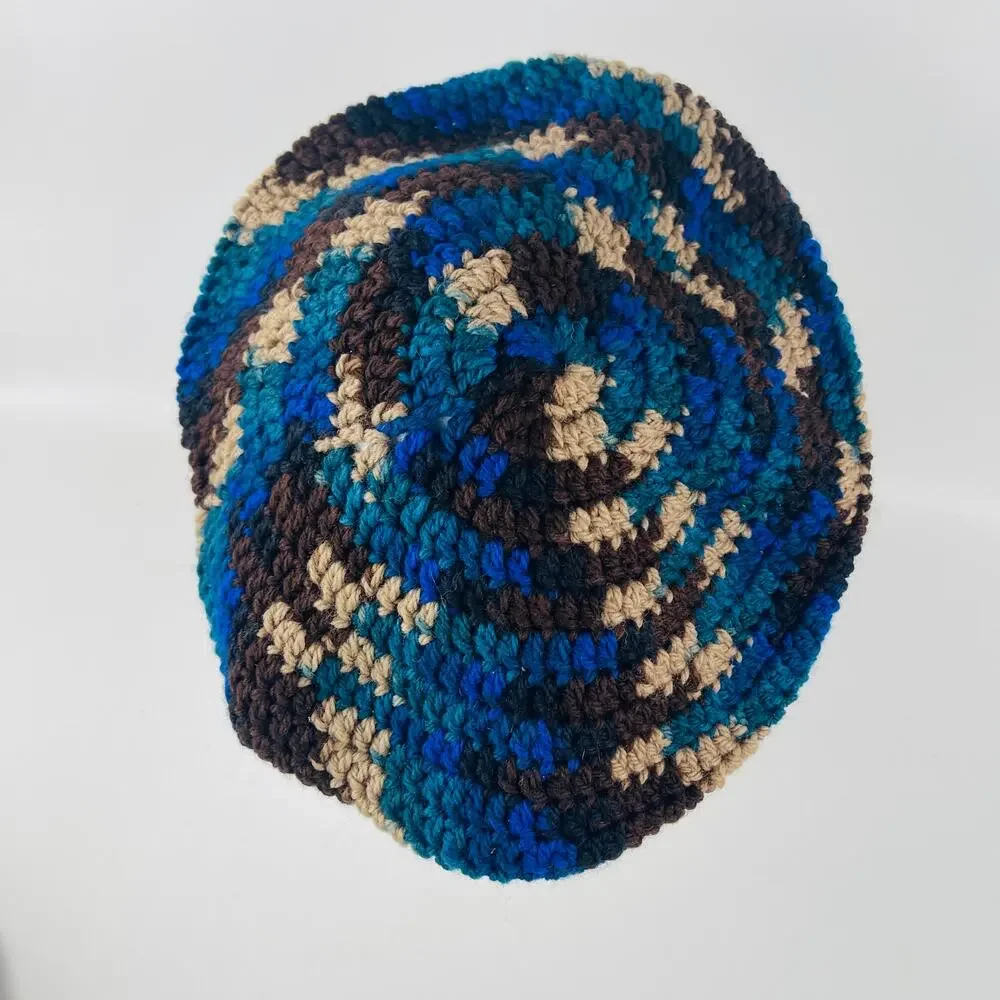 Handmade Crochet Beret Slouch Round Hat Blue Brown - Picture 3 of 4